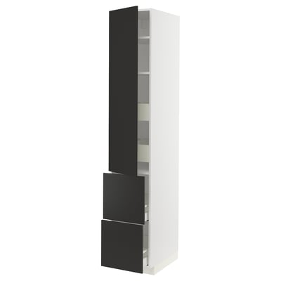 Modern tall white storage unit with black drawers and door. Four shelves and a pull-out drawer with sleek design and durable materials.