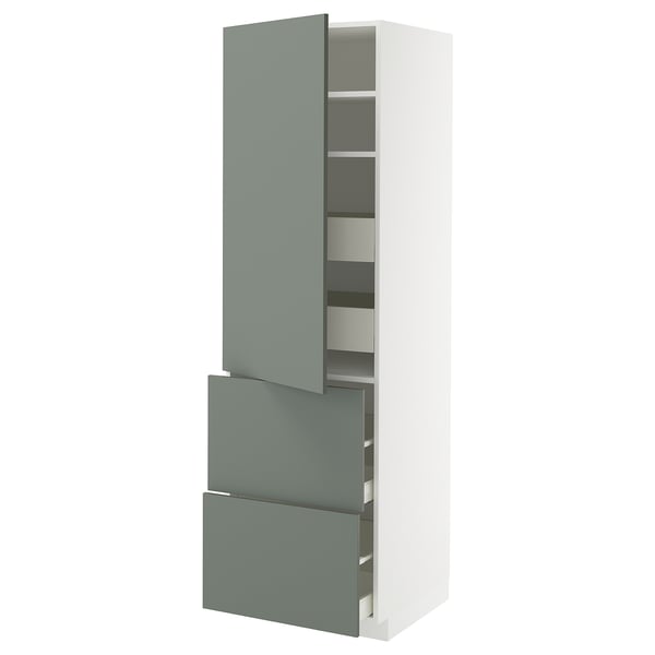 Modern grey-green cabinet with drawers and shelves, sleek design for kitchen.