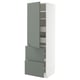 Modern grey-green cabinet with drawers and shelves, sleek design for kitchen.