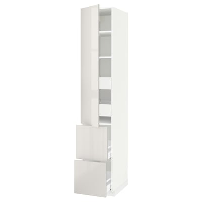 A white METOD kitchen cabinet with high gloss finish, featuring a tall unit with shelves and drawers.