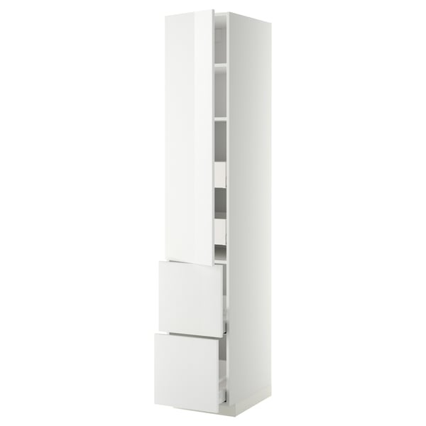 White high gloss METOD kitchen cabinet with drawers and shelves.