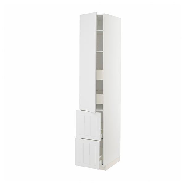 White METOD kitchen cabinet, tall with adjustable shelves and drawers.