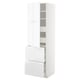 White high gloss kitchen cabinet, tall shape, integrated handles, multiple shelves, and drawers with dampers.