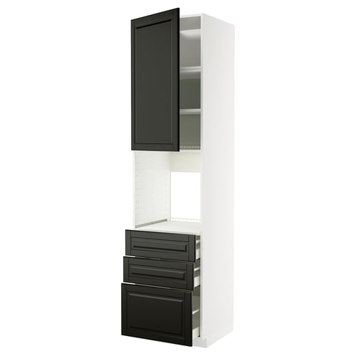 A white METOD kitchen cabinet with black bodbyn fronts, featuring a tall unit with a door and multiple drawers.