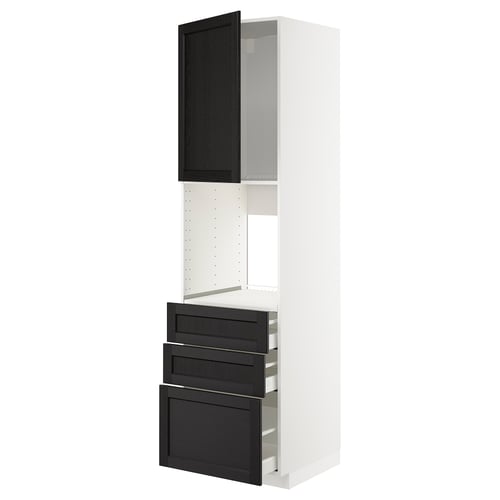 White METOD kitchen unit with black stained wooden drawers and cabinet.