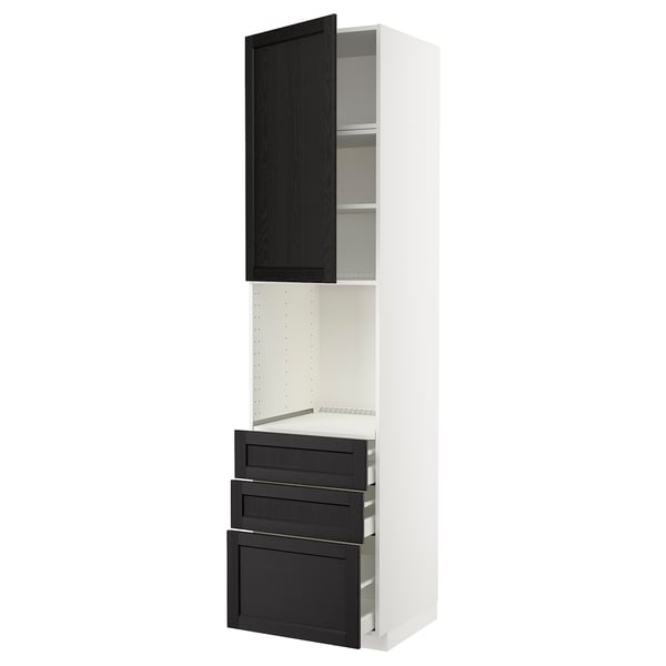 A white METOD kitchen unit with black stained wooden drawers and a door. It has a modern, tall design with multiple storage compartments.