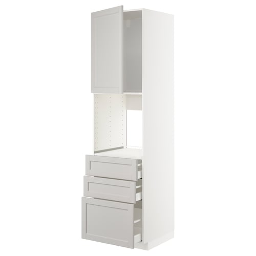White METOD kitchen unit with grey lerhyttan drawers and cabinet, bevelled edges.