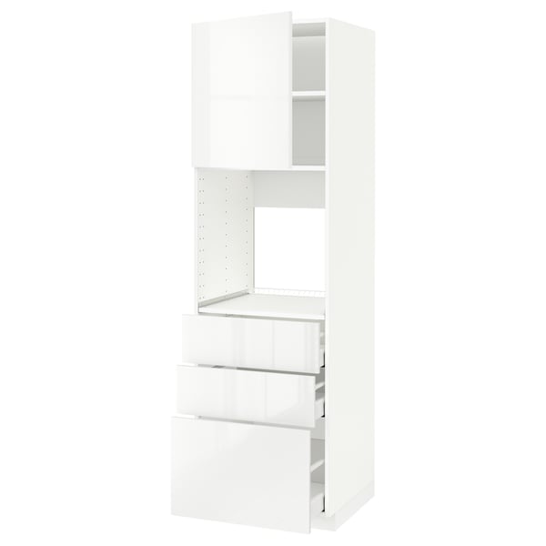White high gloss METOD kitchen cabinet with pull-out drawers. Tall, sleek modern design.