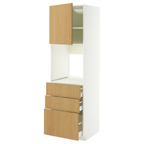 METOD / MAXIMERA High cab f oven w door/3 drawers, white/Sinarp oak veneer, 60x60x200 cm