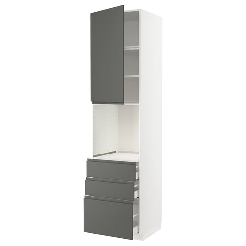 A modern white and grey METOD kitchen unit with dark grey drawers and cabinet doors. It an open shelf and drawers with integrated handles.