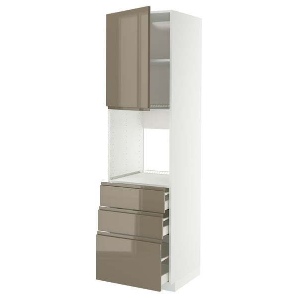 Modern tall kitchen unit, white with high-gloss dark gray-brown drawers, sleek handles, three drawers, one shelf.
