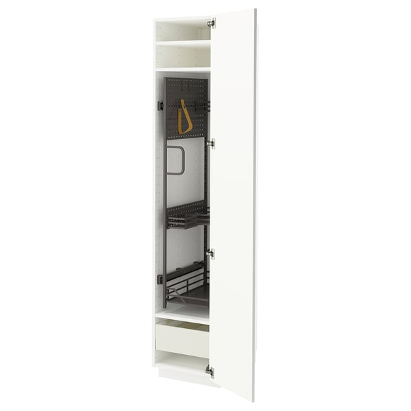 An open white METOD kitchen cabinet with multiple compartments and shelves. It a modern design suitable for a clean, organised kitchen space.