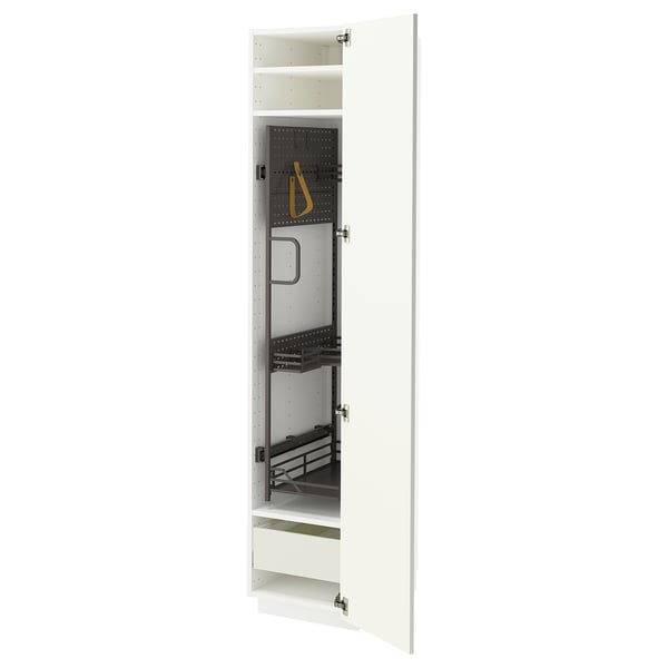 Open white METOD cabinet showing shelves, drawers, and tools.