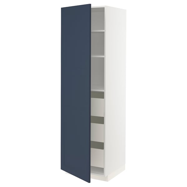 A tall, narrow cabinet with a navy door, white body, and adjustable shelves for storage.