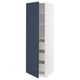 A tall, narrow cabinet with a navy door, white body, and adjustable shelves for storage.