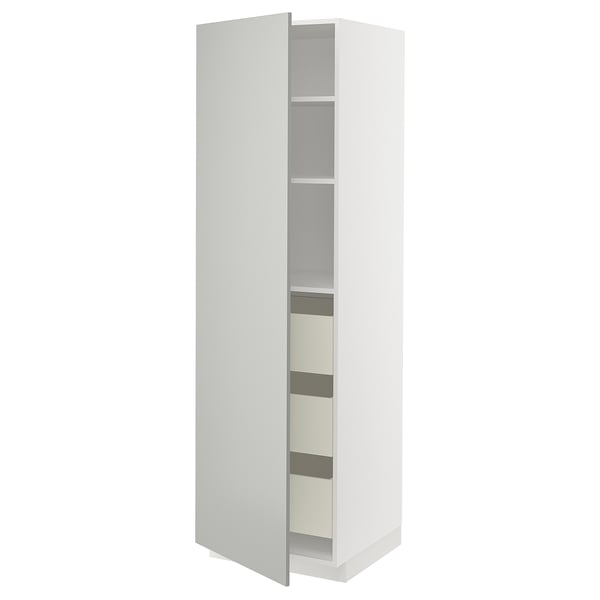 White METOD tall kitchen cabinet with shelves, sleek modern design.