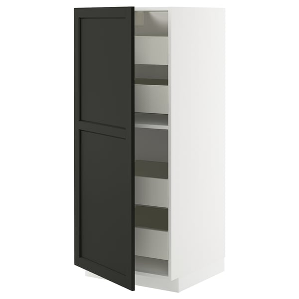 Modern black cabinet with metal shelves, METOD system, smooth drawers, adjustable shelves.