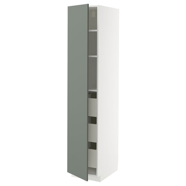 METOD tall kitchen cabinet, grey-green, slim, modern design, adjustable shelves, soft-close drawer.