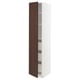 White vertical cabinet with dark brown wood door, three shelves visible, sleek modern design.
