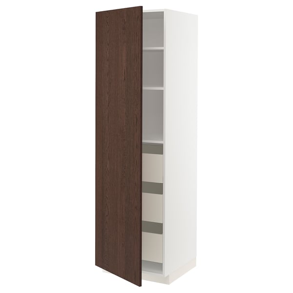 White ikea METOD kitchen cabinet with dark brown doors, oak veneer, adjustable shelves.