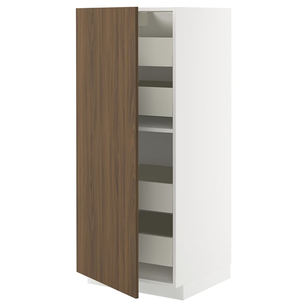 Modern white kitchen cabinet with walnut door, multiple drawers, sleek design.
