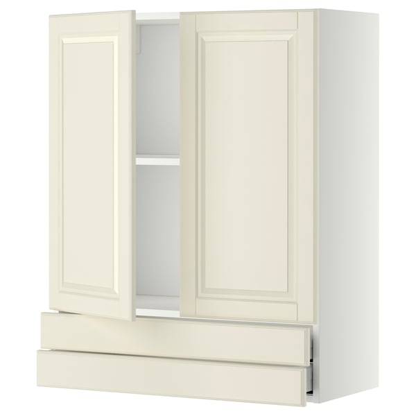 Off-white METOD kitchen cabinet with bevelled edges, two open doors, one drawer, and adjustable shelf.