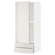 A white ikea METOD kitchen cabinet with two drawers and high gloss doors. Its sleek, modern, and has a built-in slow-close mechanism.