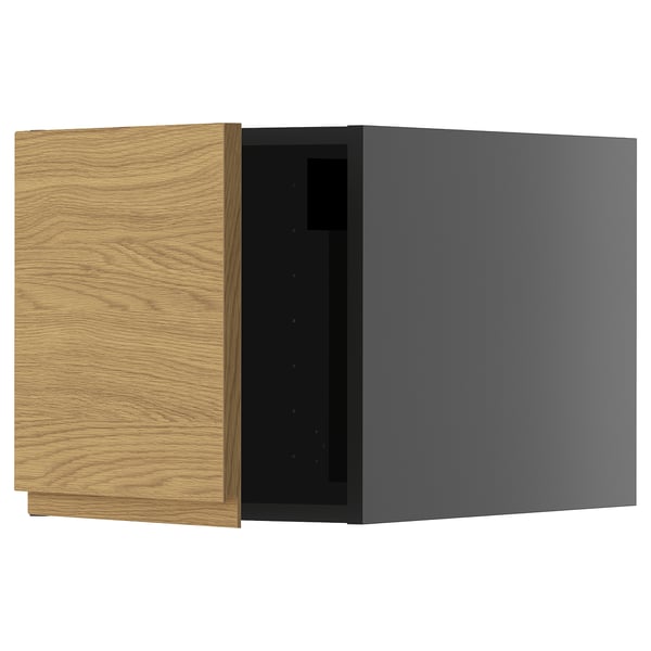 Horizontal kitchen cabinet: wooden front, gray right side, square shape.