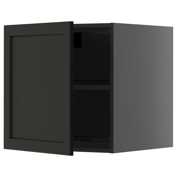 Black kitchen cabinet with open door, two shelves.