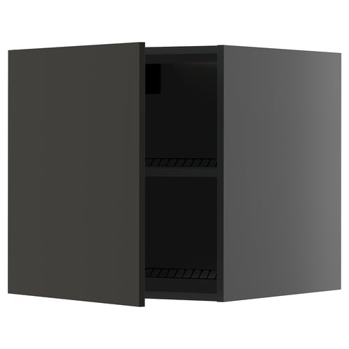 A dark grey, square-shaped kitchen cabinet with one open door, showcasing an adjustable shelf inside.