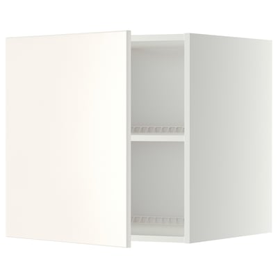 Ikea METOD white wall cabinet, one door open, two shelves visible. Adjustable, square, modern design.