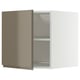 Modern kitchen cabinet, white with metallic gold door, sleek design, adjustable shelves.