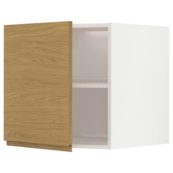 An open, modern wooden cabinet with one shelf, featuring a light oak finish and minimalist design.