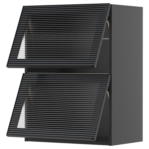 Two dark grey modern kitchen cabinets with sleek, horizontal slatted doors.