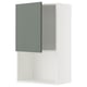 Modern kitchen cabinet, white with grey-green door. Square shape and adjustable shelf.