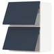 Two navy-blue kitchen cabinets with square panels and metallic hinges.