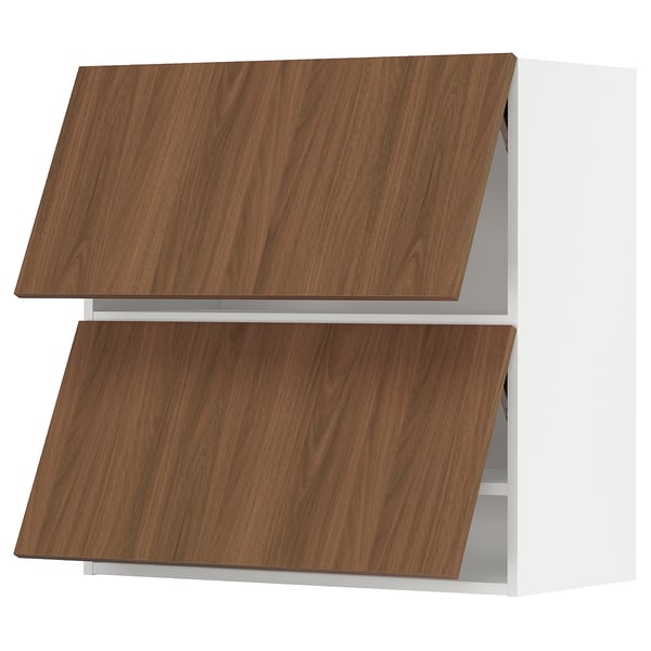 Modern wall-mounted kitchen cabinet in white and walnut, two shelves with tilt-down doors.