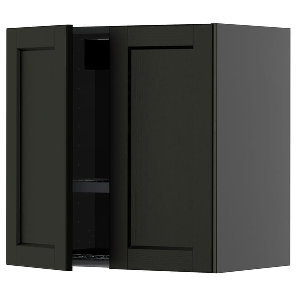A dark green METOD wall cabinet with one door open, revealing shelves inside.