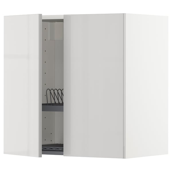 METOD wall cabinet with grey gloss doors & steel drain rack.