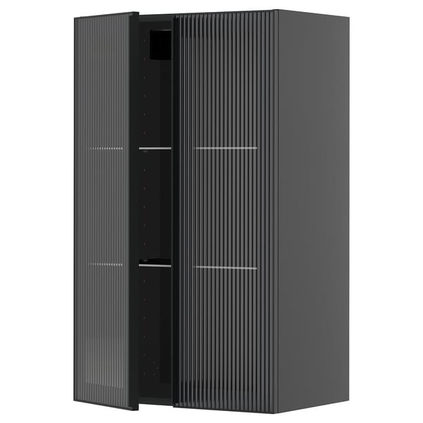 Black modern kitchen cabinet with ribbed glass door and metal frame.