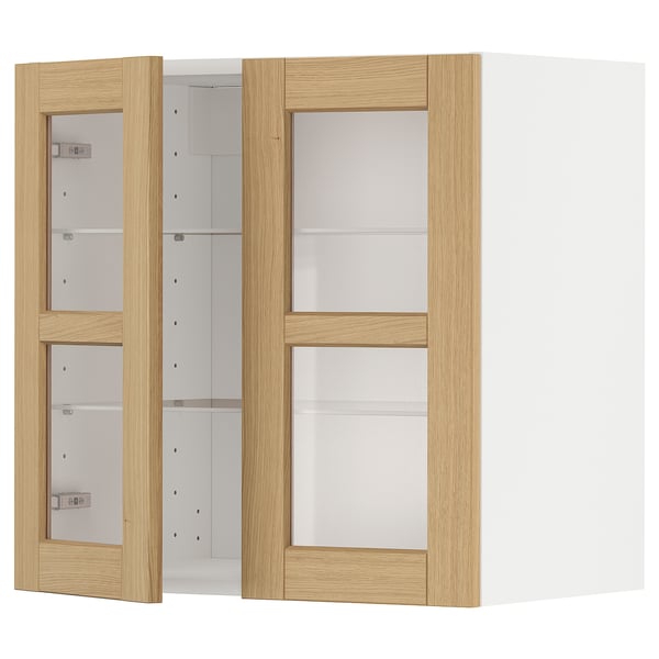 METOD wall cabinet, oak doors, glass shelves.