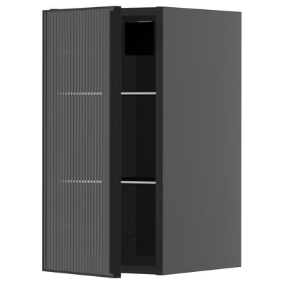 A dark gray METOD kitchen cabinet with a glass door featuring vertical grooves and a sleek metal frame.