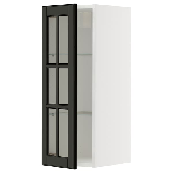 The METOD kitchen cabinet in white with black-tinted bodbyn glass doors featuring bevelled edges, mounted vertically.