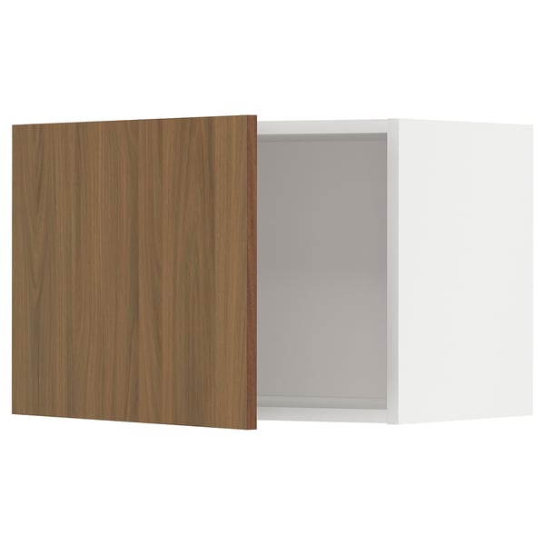 Walnut-colored METOD kitchen cabinet, left-hinged, white frame.