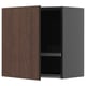 Modern wall-mounted kitchen cabinet, dark brown wood, metal shelf, square shape.