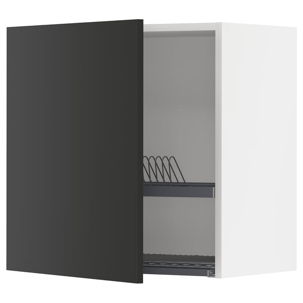 Open black and white wall cabinet with shelf.