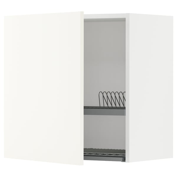 White kitchen cabinet with modern design and adjustable shelf.
