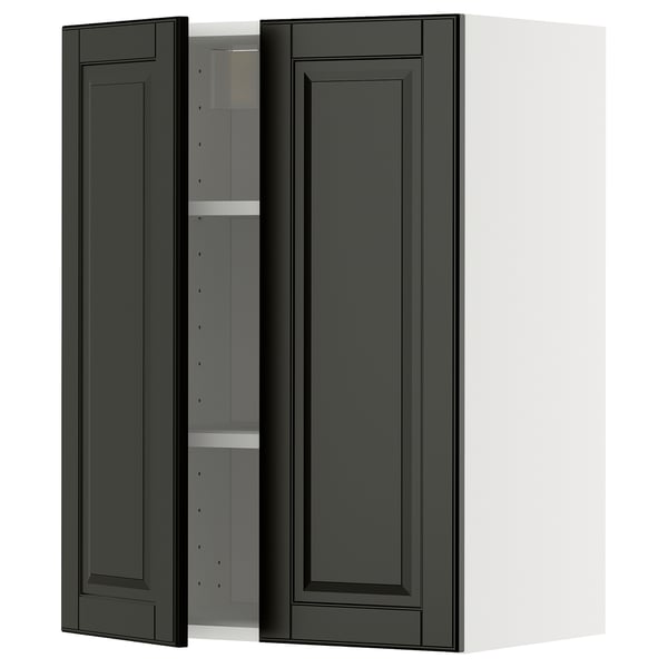 METOD wall cabinet, black, rectangular, bevelled edges, dark wood-like finish, with one adjustable shelf.