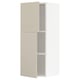 A beige METOD kitchen cabinet with two open sections. Its tall, rectangular, and modern in design, featuring a smooth finish.