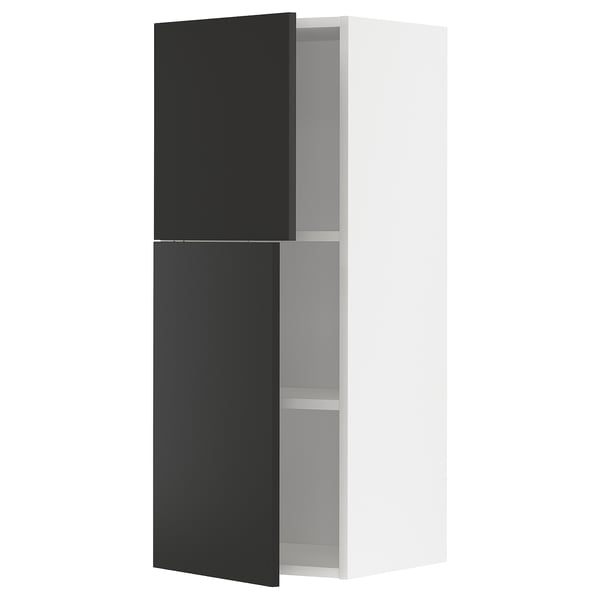 Modern black and white wall-mounted kitchen cabinet with adjustable shelves.